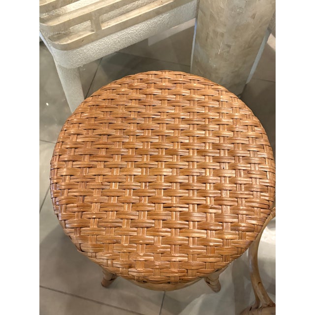 Wood Vintage Pair Palm Beach Coastal Rattan Woven Stools Benches For Sale - Image 7 of 9