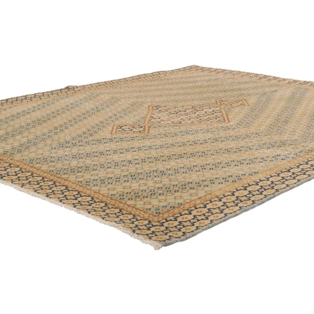 53752 Vintage-Worn Persian Kerman Rug, 05'03 x 06'01. Laid-back luxury meets blissfully beautiful in this hand knotted...