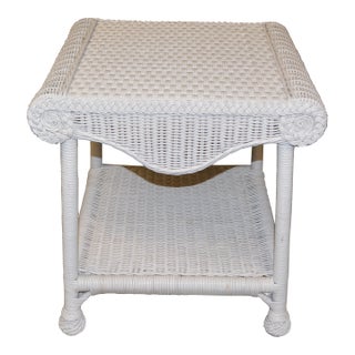 Vintage White Wicker Square Side / End Table With Lower Shelf For Sale