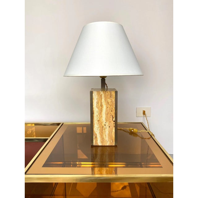 Travertine Walnut & Brass Table Lamp, Italy, 1970s For Sale - Image 4 of 8
