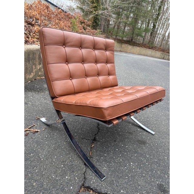 Mid-Century Modern Set of 4 Vintage Knoll Barcelona Chairs by Mies Van Der Rohe Brown Leather Lounge Mid-Century For Sale - Image 3 of 15