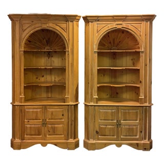 Harden Scrubbed Pine Shell Carved Corner Cabinets - A Pair For Sale