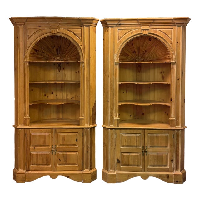 Harden Scrubbed Pine Shell Carved Corner Cabinets - A Pair For Sale