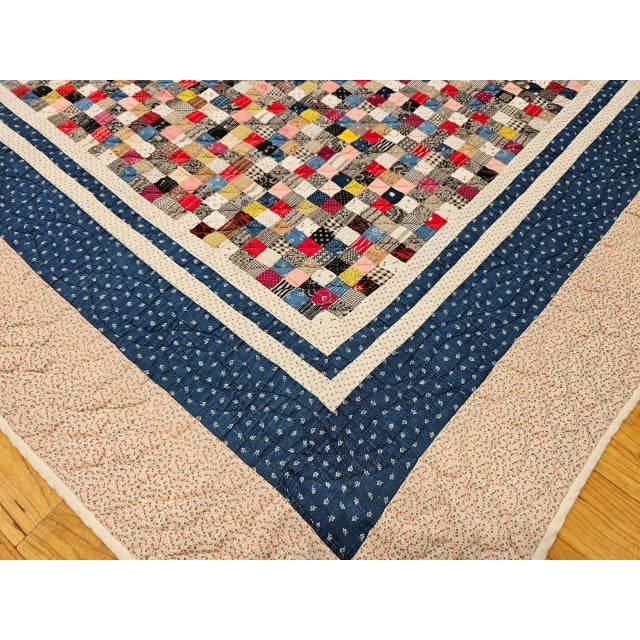 Traditional Vintage Hand Stitched and Hand Quilted Postage Stamp Quilt in Blue, Ivory, Red For Sale - Image 3 of 12