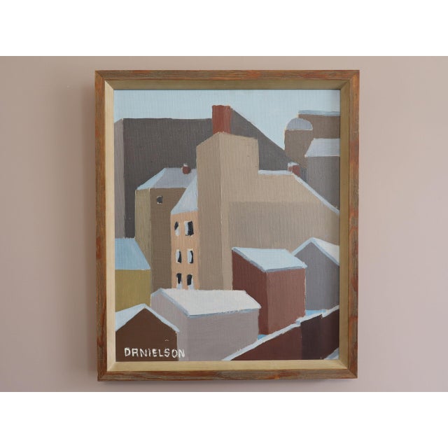 WINTER ROOFTOPS Size: 17.9 x 15.2 inches (including frame) Oil on canvas A calm and beautifully restrained mid-century...