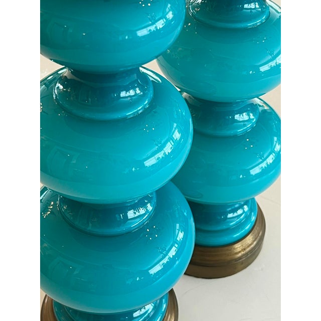 Glass Vintage Pair Triple-Gourd Teal Cased-Glass Lamps For Sale - Image 7 of 7