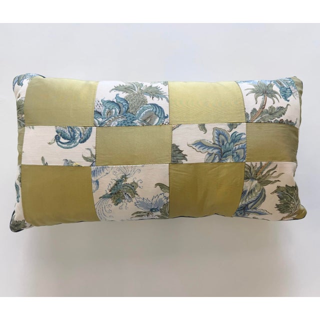 Bennison ‘Dragon flower’ and Jim Thompson silk patchwork pillows, with down and feather insertws, concealed zippers.