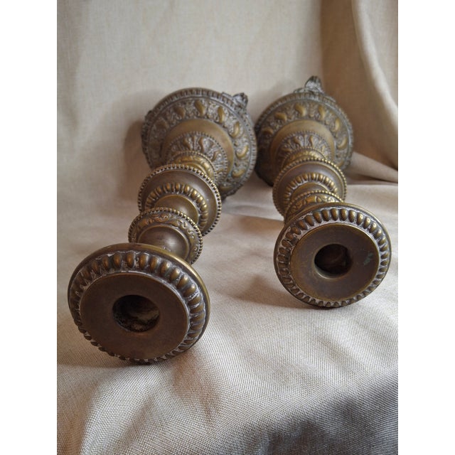 Antique Warsaw Brass Shabbat Candlesticks, 14" Polish Sabbath 19th Century Pair For Sale - Image 10 of 16
