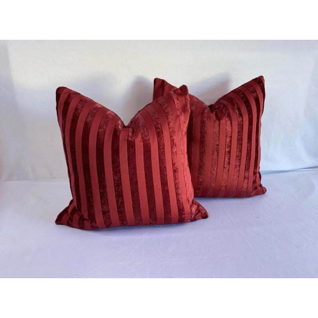 Early 21st Century Early 21st Century Red Stripe Velvet Pillows- a Pair For Sale - Image 5 of 5
