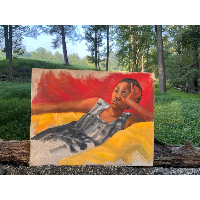 Vintage Original Modernist Figurative Painting Reclining Woman Red Yellow Abstract Art Mid Century For Sale - Image 4 of 8
