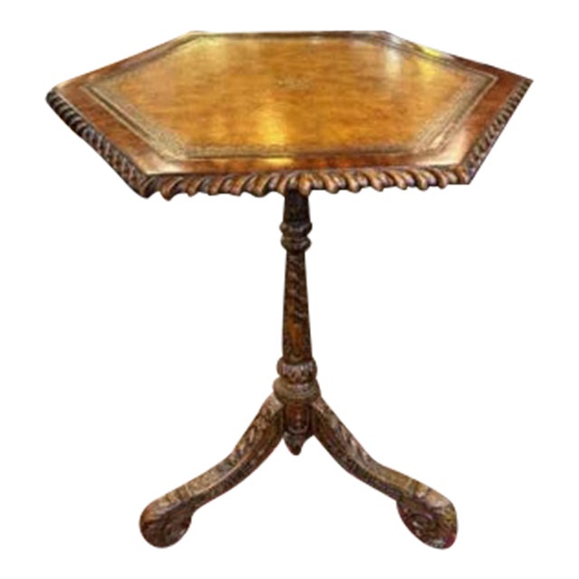 1990s Vintage Maitland Smith Hexagonal Table With Embossed Leather Top and Tripod Feet For Sale