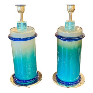 Murano Blue Glass Column Lamps - a Pair For Sale