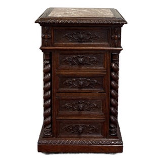 Antique French Marble Top Chest Side or End Table Nightstand Barley Twist Oak For Sale