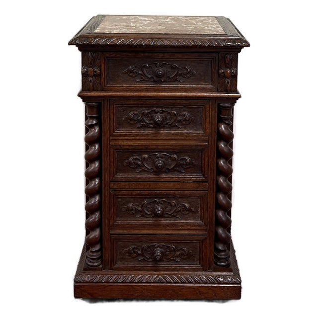 Antique French Marble Top Chest Side or End Table Nightstand Barley Twist Oak For Sale