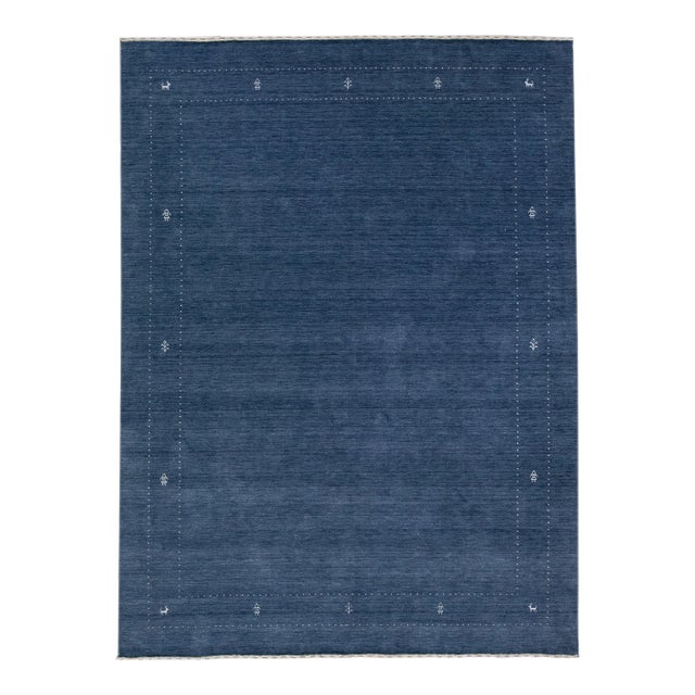 2020s Handmade Modern Gabbeh Style Blue Wool Rug With Minimalist Motif For Sale