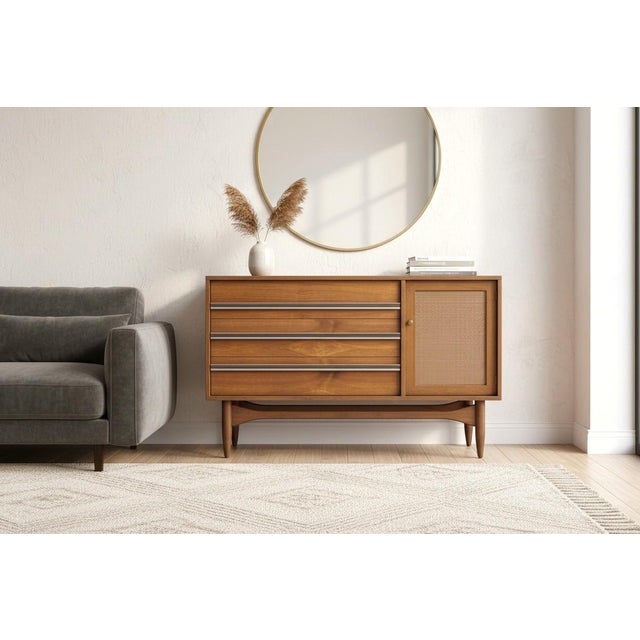 This professionally restored mid-century modern walnut cabinet beautifully showcases the clean sophistication and...