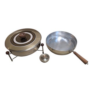 Mid 20th Century Hollywood Regency Black Gold Dorothy Draper Style Food Chafing Dish Warmer & Skillet Set For Sale