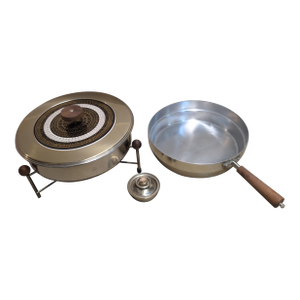 Mid 20th Century Hollywood Regency Black Gold Dorothy Draper Style Food Chafing Dish Warmer & Skillet Set