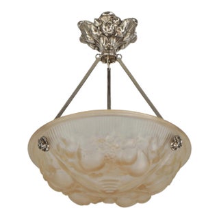 Muller Freres French Art Deco Pendant Chandelier 1920s - Peach Frosted Glass & Nickeled Bronze For Sale