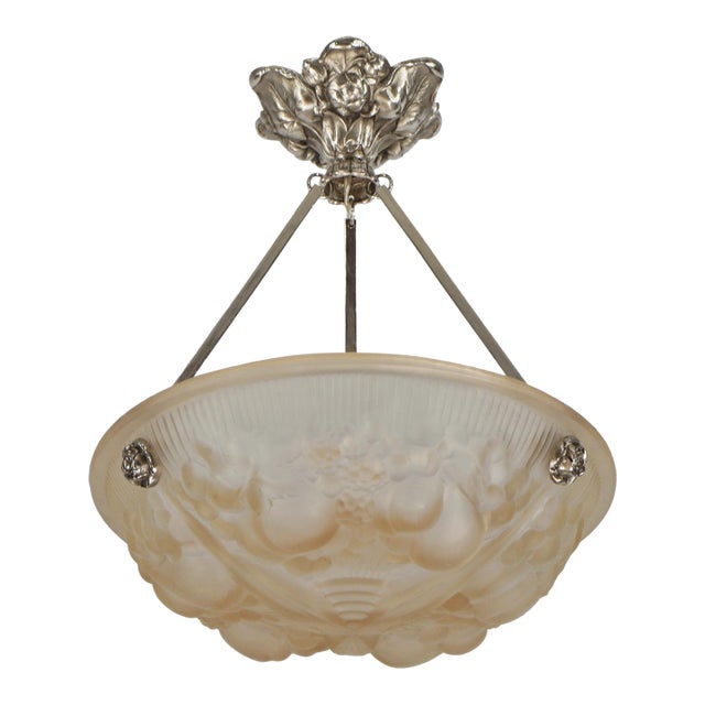 Muller Freres French Art Deco Pendant Chandelier 1920s - Peach Frosted Glass & Nickeled Bronze For Sale