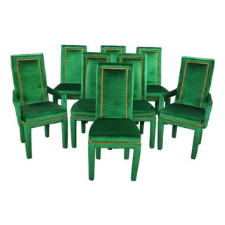 8 Mid 20th Century Hollywood Regency Green Velvet Parsons Style Dining Chairs After Milo Baughman For Sale