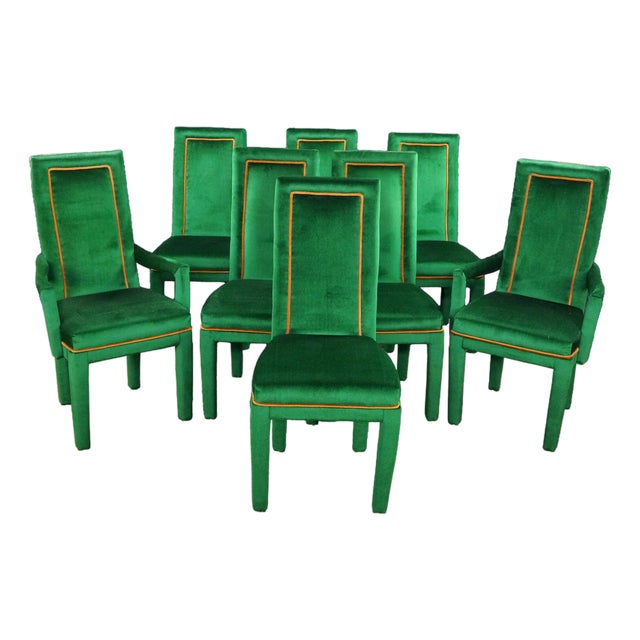 8 Mid 20th Century Hollywood Regency Green Velvet Parsons Style Dining Chairs After Milo Baughman For Sale
