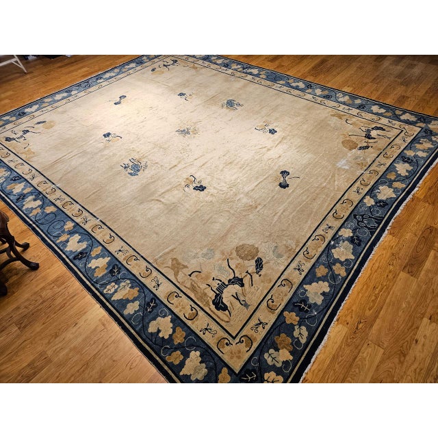 19th Century Antique Chinese Peking Rug, Handwoven Open Pattern, Tan & Blue, 12' X 14' For Sale - Image 17 of 17