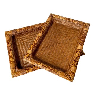 Mid Century Japanese Rattan and Bamboo Serving Trays—a Pair For Sale