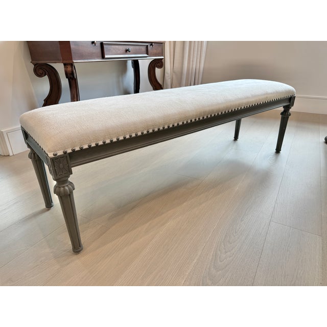 Gently used RH End-of-Bed bench in Antiqued Graphite with Sand Belgian Linen from a smoke-free, pet-free household....