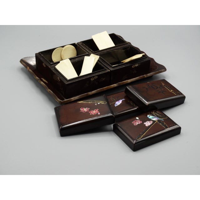 Brown English / Chinese Export Papier Mache Games Box & Contents For Sale - Image 8 of 8