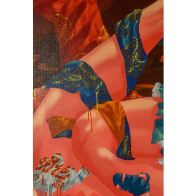 Wood Lu Peng Large Colorful Provocative Acrylic Painting Titled Floating, 1996, Chinese For Sale - Image 7 of 11