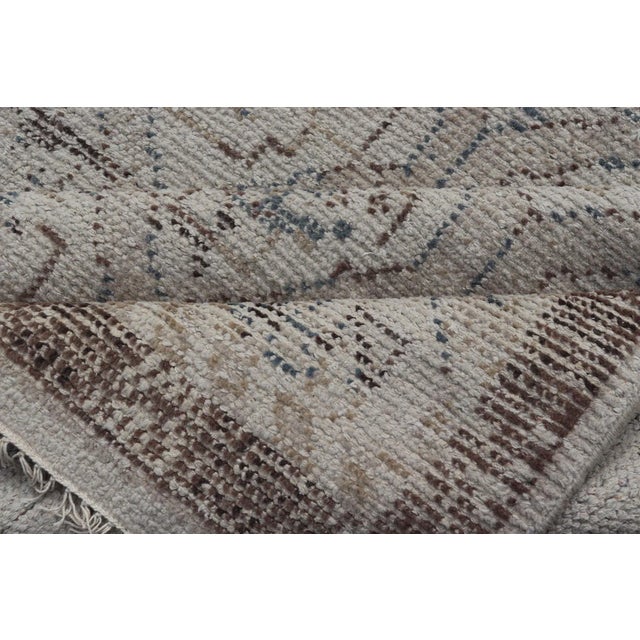 Modern Hand-Knotted Oushak Distressed Rug With Sub-Geometric Design in Brown and Blue For Sale - Image 12 of 13