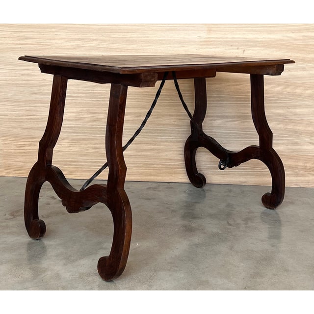 Wood Spanish 1880s Walnut Side Table or Lady Desk, Lyre Legs and Iron Stretcher For Sale - Image 7 of 11
