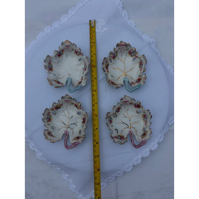 Vintage Hand-Painted Porcelain Leaf Dishes With Pink & Blue Stems - Set of 4 For Sale - Image 11 of 11