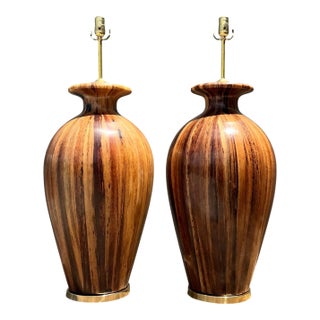 Vintage Striped Wood Table Lamps With Brass Base - a Pair For Sale