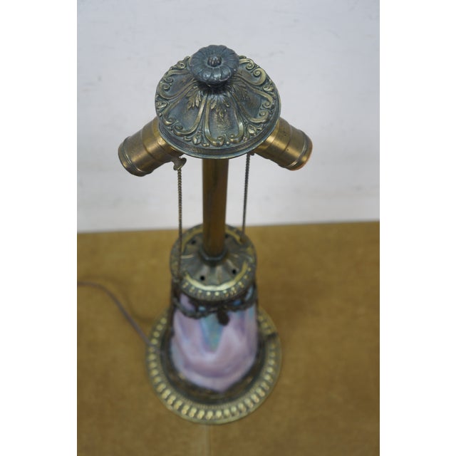 Early 20th Century Antique Victorian Aesthetic Arts Nouveau Stained Slag Glass Parlor Lamp 25" For Sale - Image 5 of 17