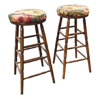 Pair Mid 20th Century Turned Walnut and Upholstered Barstools For Sale
