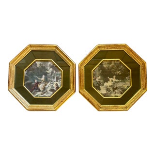 1930's Pair of French Fragonard Art in Gold Octagonal Wall Frames For Sale