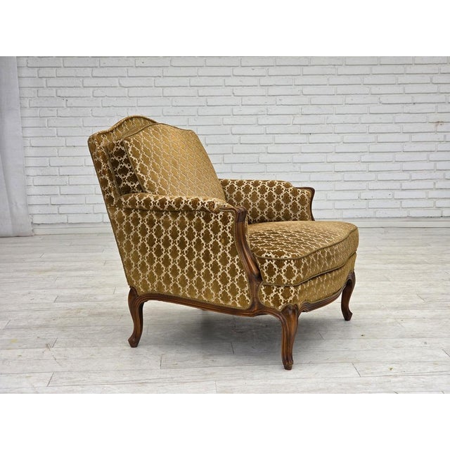 1950s, Danish relax chair. Honey-yellow furniture velour, carved ash wood, springs in the seat. Original very good...