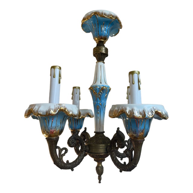 Small Antique French Porcelain and Brass Chandelier With Gold Gilt For Sale