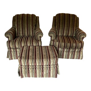 Ethan Allen Albert Striped Club Chairs & Ottoman - Set of 3 For Sale