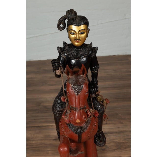 Wood Vintage Burmese Polychrome Carved Wooden Statue of a Warrior on his Horse For Sale - Image 7 of 13