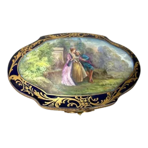 19th Century French Sevres Blue Porcelain Box With Romantic Gallant Scene
