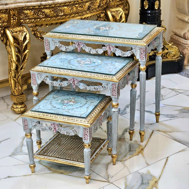 French Style Nesting Tables – Set of 3 With Glass Tops, Soft Blue Finish & Gold Leaf Details For Sale - Image 4 of 5