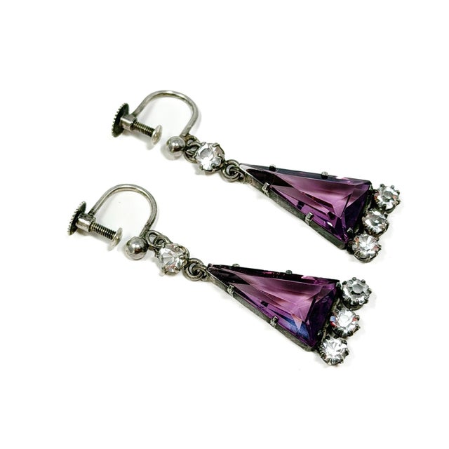 Art Deco Silver, Purple Triangular Glass and Paste Necklace and Earrings, 1920s, Set of 2 For Sale - Image 15 of 17