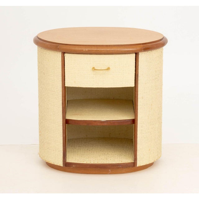Modern Walnut and White Painted Rattan Bedside Table, with single drawer above two open shelves. 23.5" H x 23.5" W x 17"...