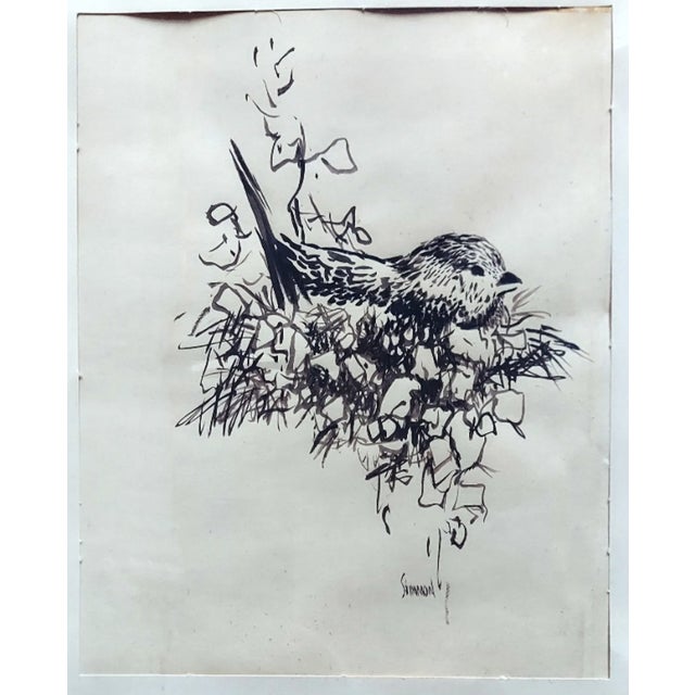 Linnet, “Lady in Waiting” by Vivian D. Shimmon (American, 1923–2008), a delicate mid-century ink drawing depicting a small...