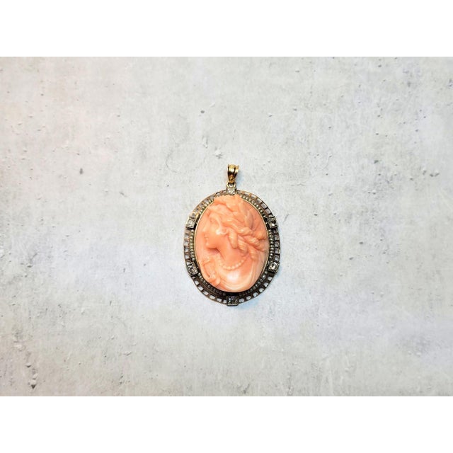 Antique Carved Coral Gold Cameo With Pearl and Diamonds For Sale In Cleveland - Image 6 of 9