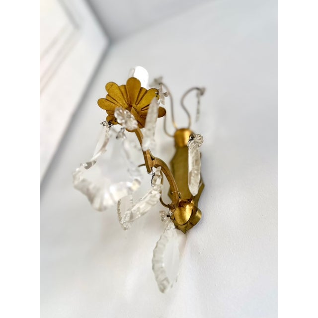 Vintage French Brass and Crystal Glass Floral Wall Sconces in the style of Maison Baguès, 1940s, Set of 2 For Sale - Image 14 of 17