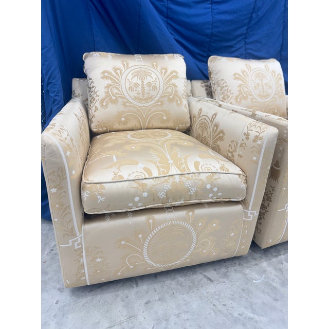 Stunning pair of Scalamandre Silk and Viscose comfy club chairs with easy Swivel. Newly Reupholstered!